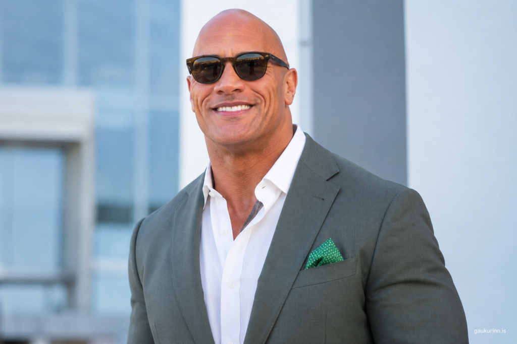 Johnny Sins smiling in a tailored suit and sunglasses during a professional outdoor photoshoot with a modern city backdrop.