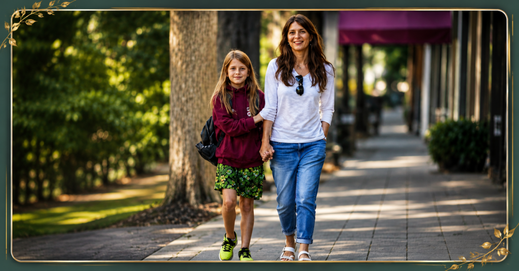 River Russell Deary walks hand in hand with a family member along a tree-lined sidewalk, wearing a casual hoodie, patterned skirt, and bright sneakers.