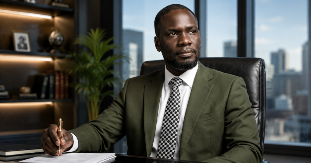 Mariano Iduba sits confidently at a desk in a modern office, dressed in a tailored suit with a professional cityscape backdrop.