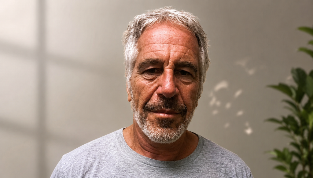 Close-up portrait of Jeffrey Epstein wearing a gray T-shirt against a plain light-colored background.