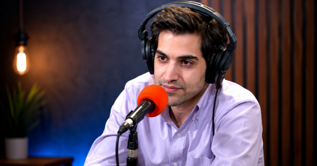 Harry Enten wearing headphones and speaking into a microphone during a podcast recording.