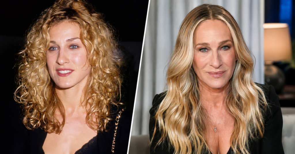 Side-by-side photos of Sarah Jessica Parker from different years highlighting changes in her appearance.