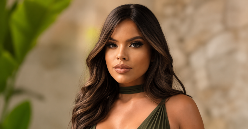 Close-up portrait of Gracie Bon with long dark hair, glamorous makeup, and a stylish green outfit.