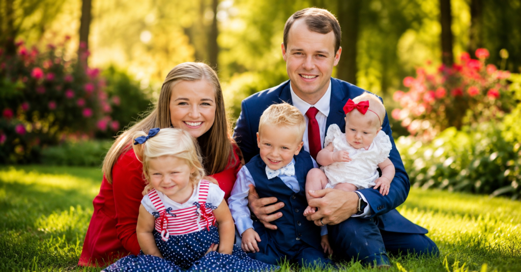 Kendra Duggar and Joseph Duggar posing with their four children in a family portrait used in reports addressing custody rumors.