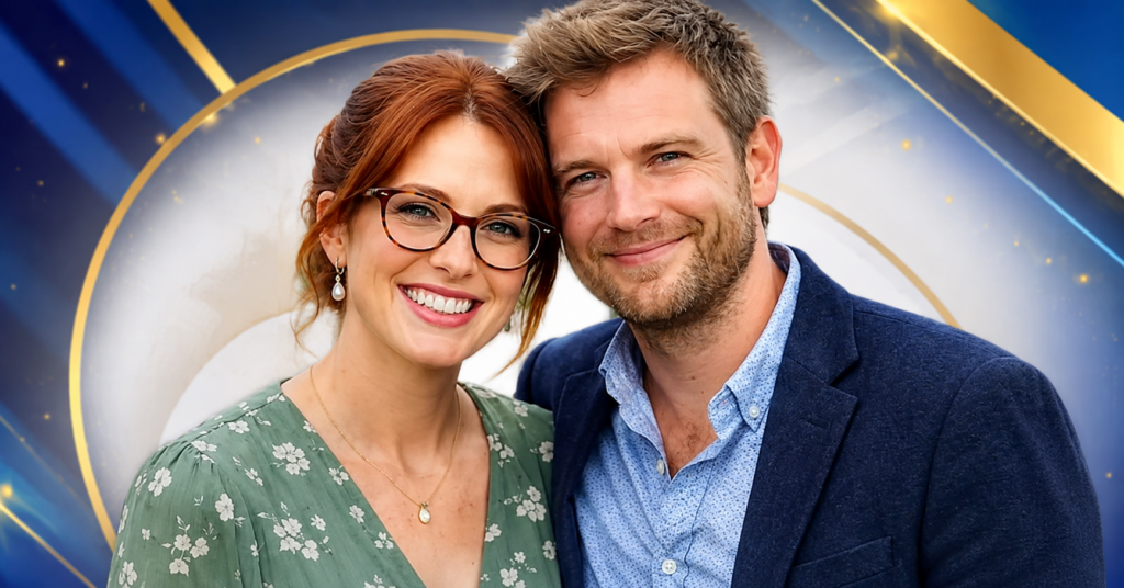 Izzie Balmer with her partner, both smiling at the camera outdoors in casual smart attire.