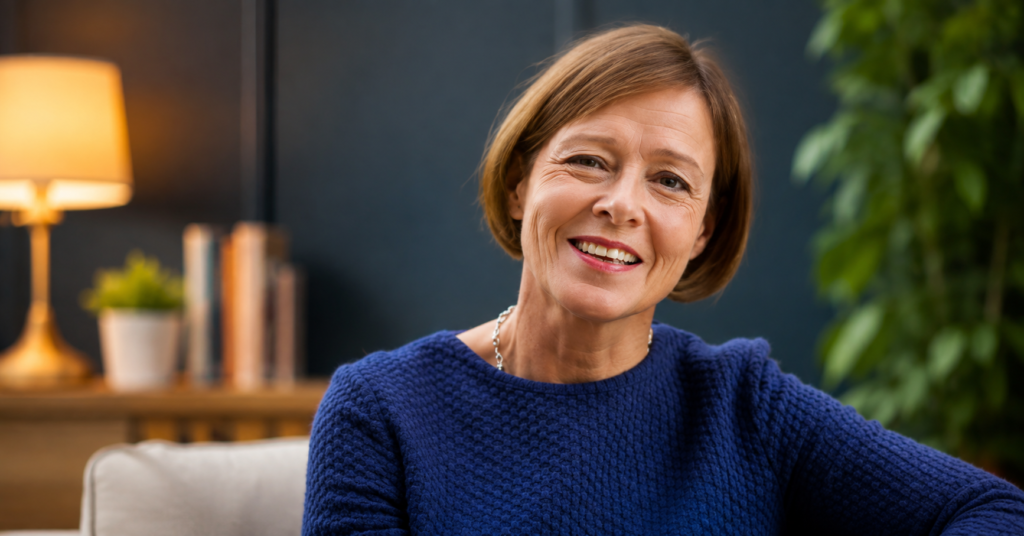 Portrait of Fiona Spencer smiling while wearing a navy blue sweater, seated indoors with a softly blurred background.